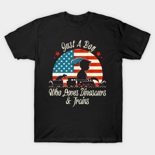 Train Lover US Flag Just A Boy Who Loves Dinosaurs & Trains T-Shirt